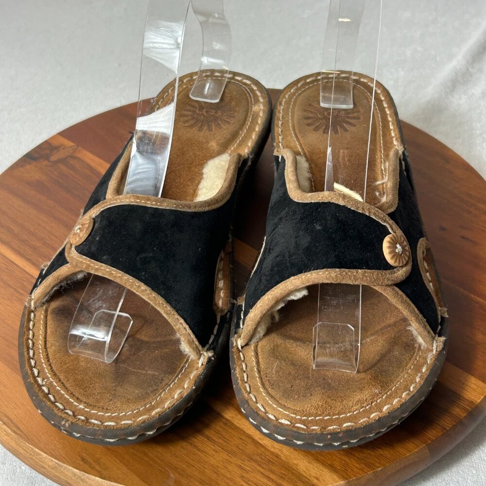 Ugg Black Suede Sherpa Slides Open Toe Leather Sa… - image 2